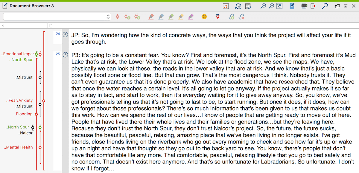 Coded segment of transcribed text in MAXQDA’s “Document Browser” Window