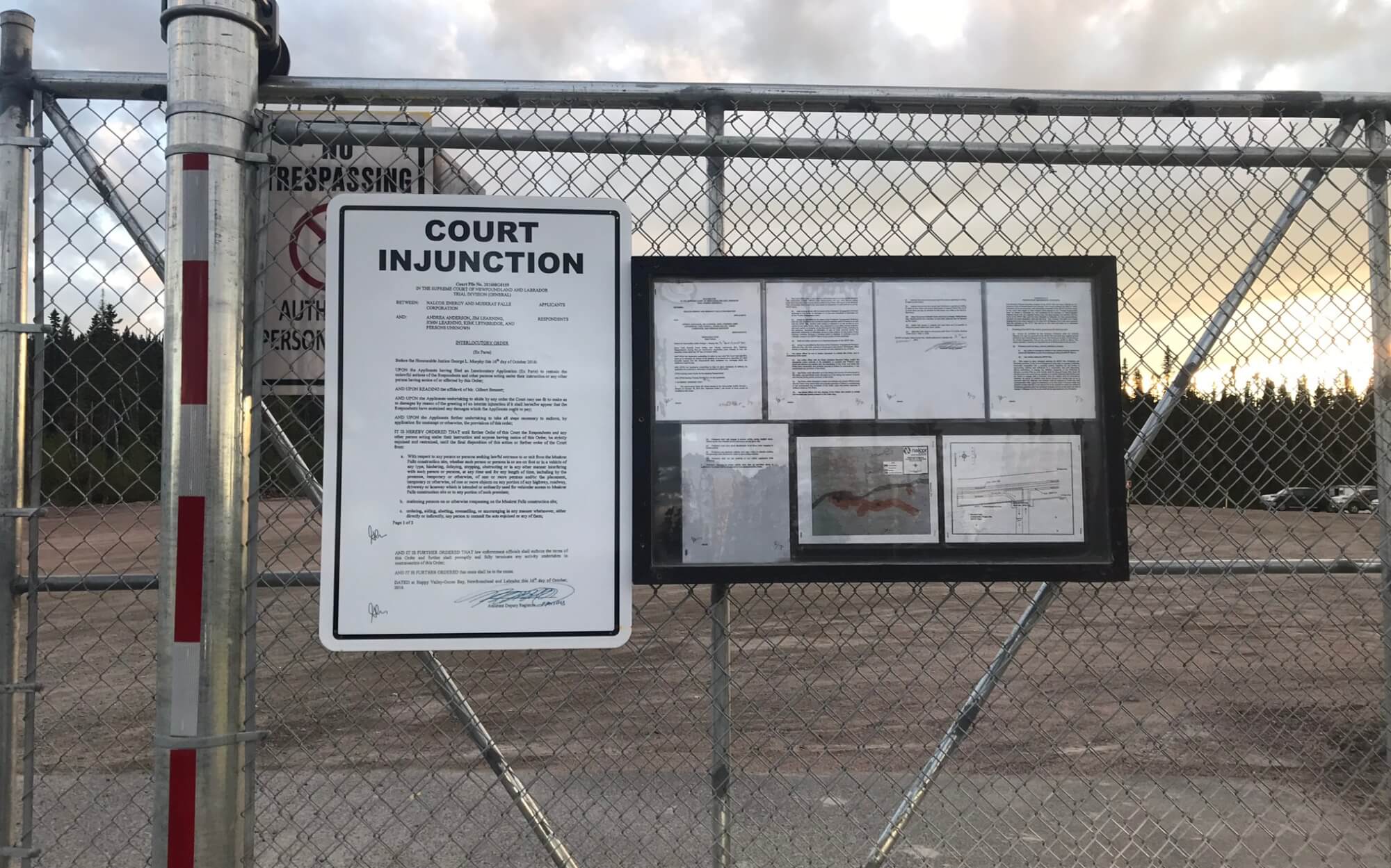 Court injunction displayed outside of the Muskrat Falls facility preventing several Land Protectors from entering the site