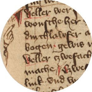 Folio from a 14th century manuscript (HS 3227a, fol. 27r) with a manicula pointing to an important fragment of the text. Public domain.