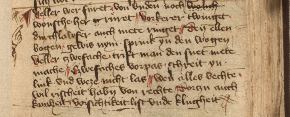 Corpus-based linguistic research: Folio from a 14th century manuscript (HS 3227a, fol. 27r) with a manicula pointing to an important fragment of the text. Public domain.