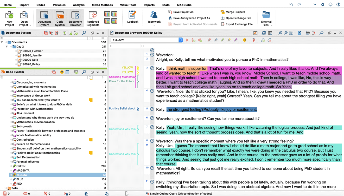 Figure 2: Screenshot from MAXQDA2020 showing color-coded text segments.