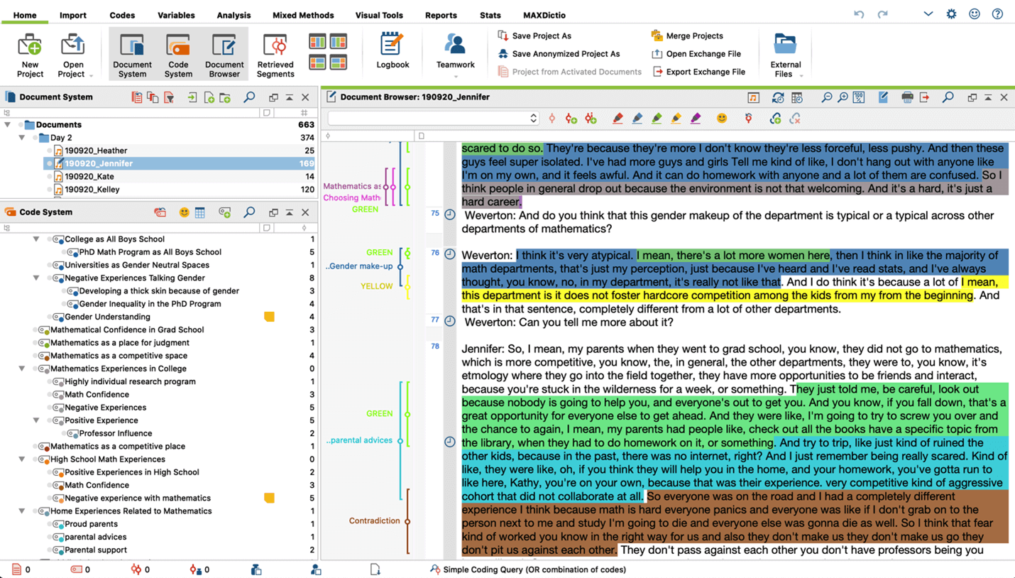 Figure 3: Screenshot from MAXQDA2020 showing color-coded text segments and the coding scheme.