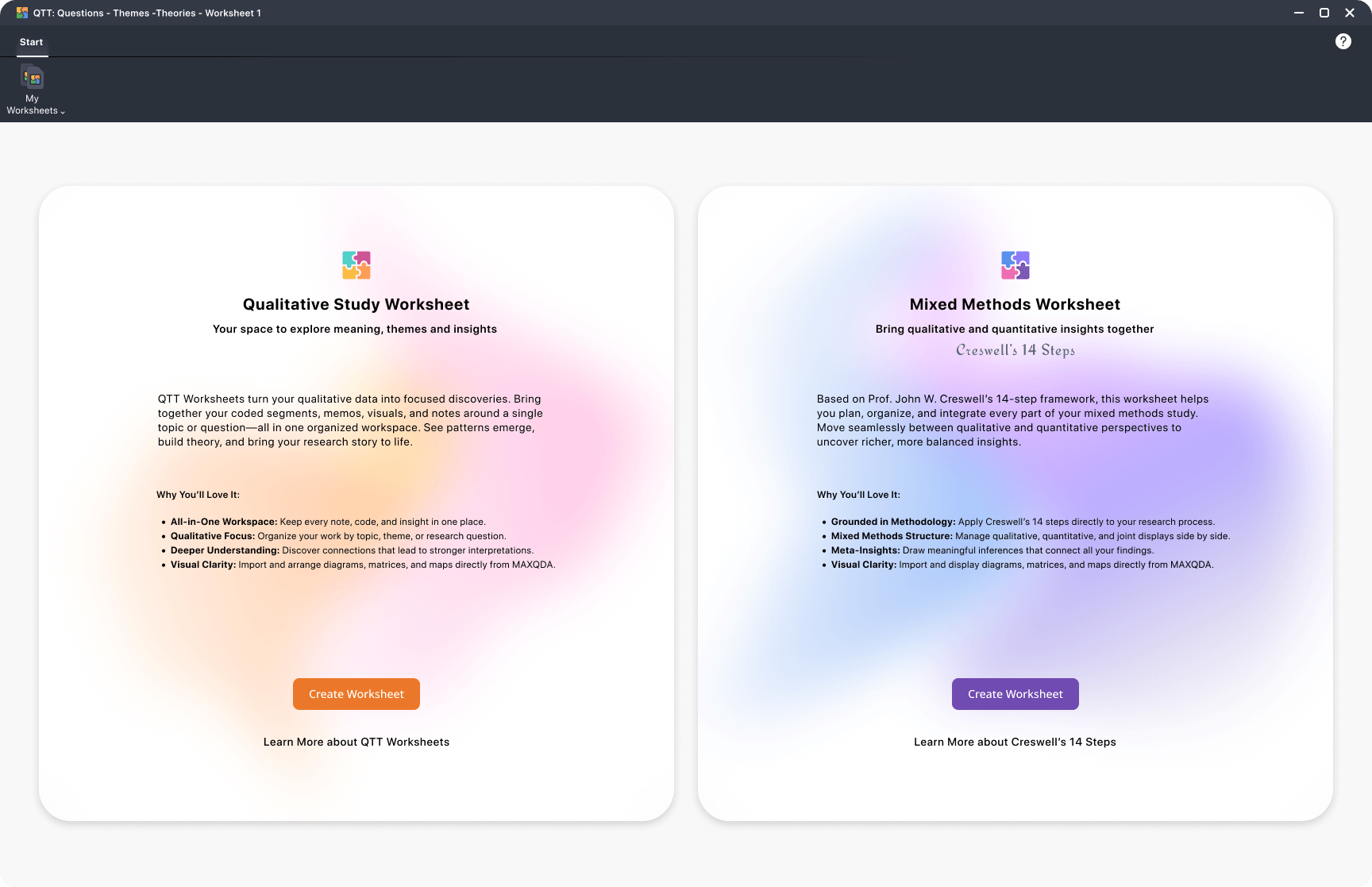 QTT Screenshot: Choose between a Qualitative and a Mixed-Methods Worksheet