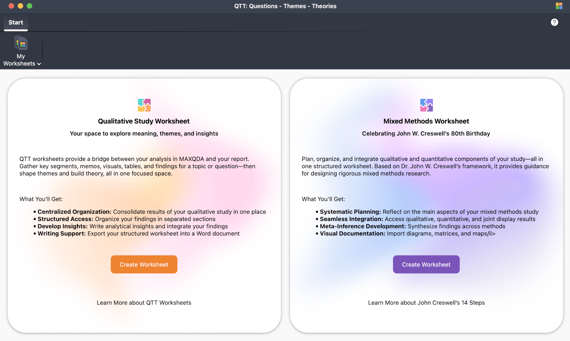 Screenshot of QTT Workspacem showing how users can choose to work either with a Qualitative worksheet or the Mixed Methods Worksheet