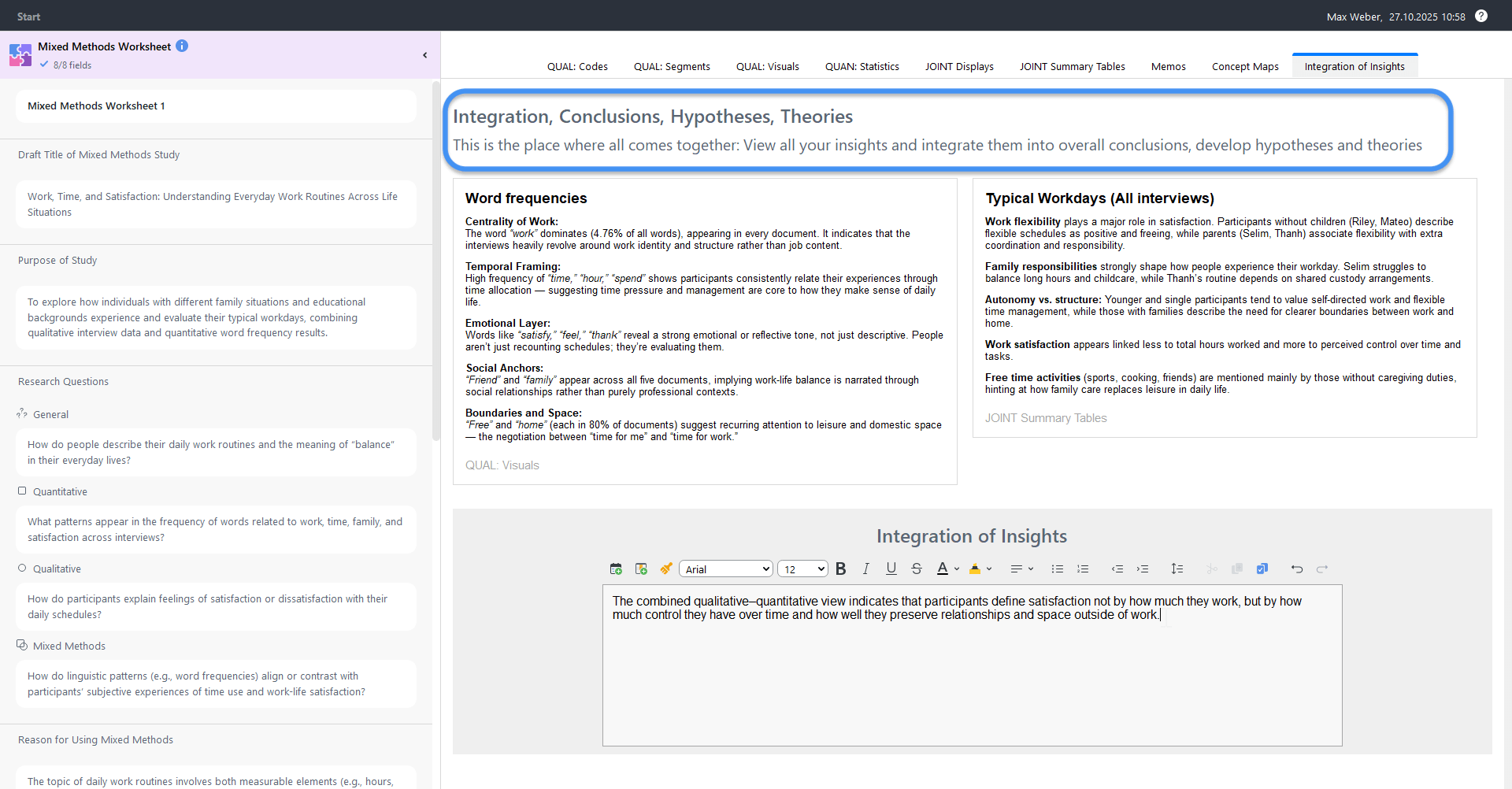 Screenshot of Example Integration of Insights within in sample QTT Mixed Methods Worksheet
