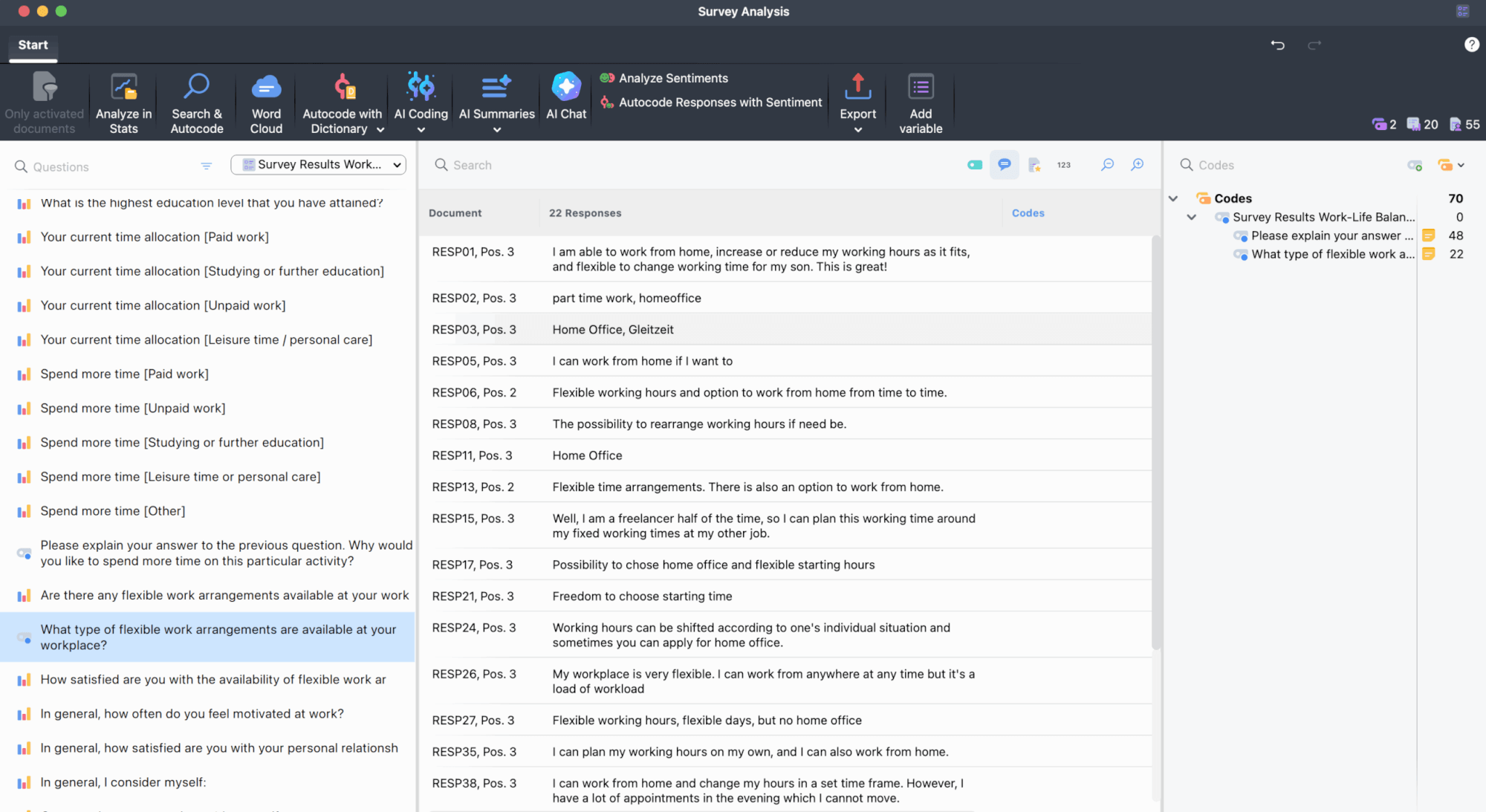 MAXQDA screenshot showing the Survey Analysis workspace with the Question Browser open and responses to a qualitative question displayed.