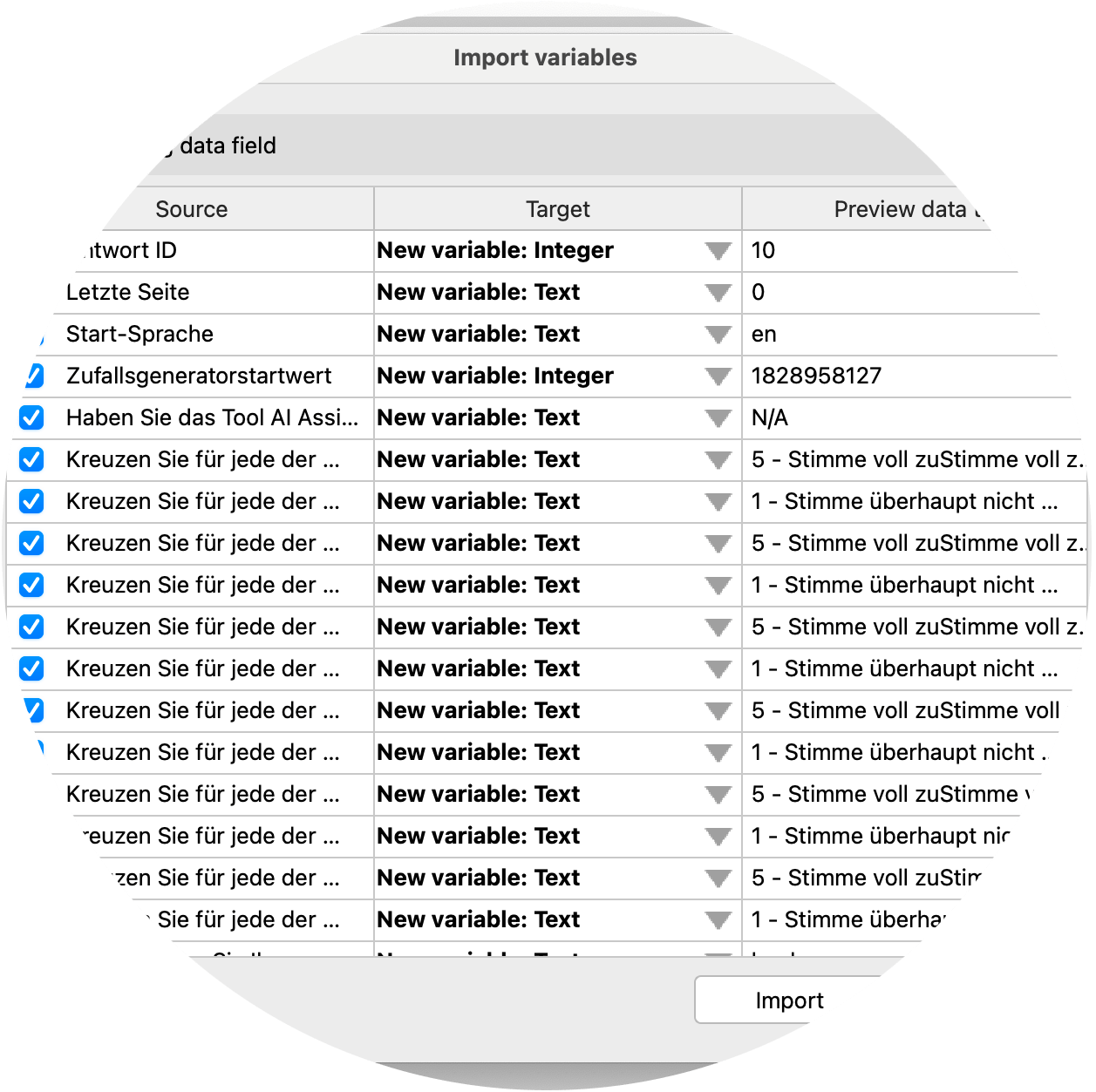 Umfrage auswerten - Set options for import