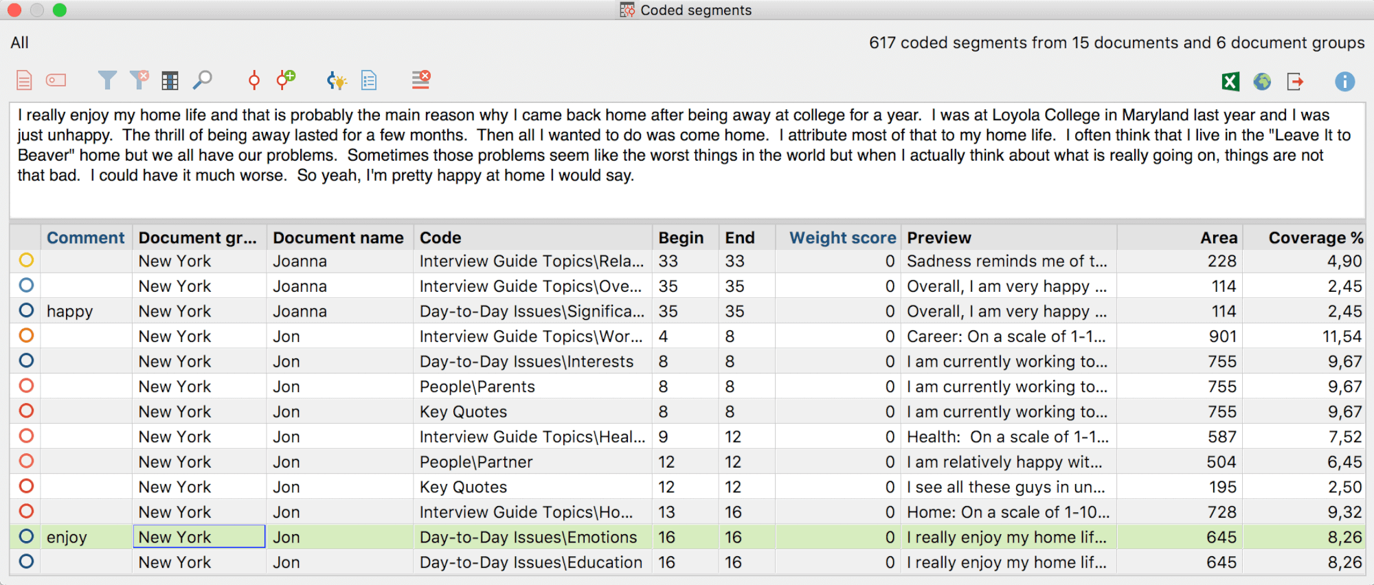 Detailed view of the “Overview of Coded Segments” Detailed view of the “Overview of Coded Segments”