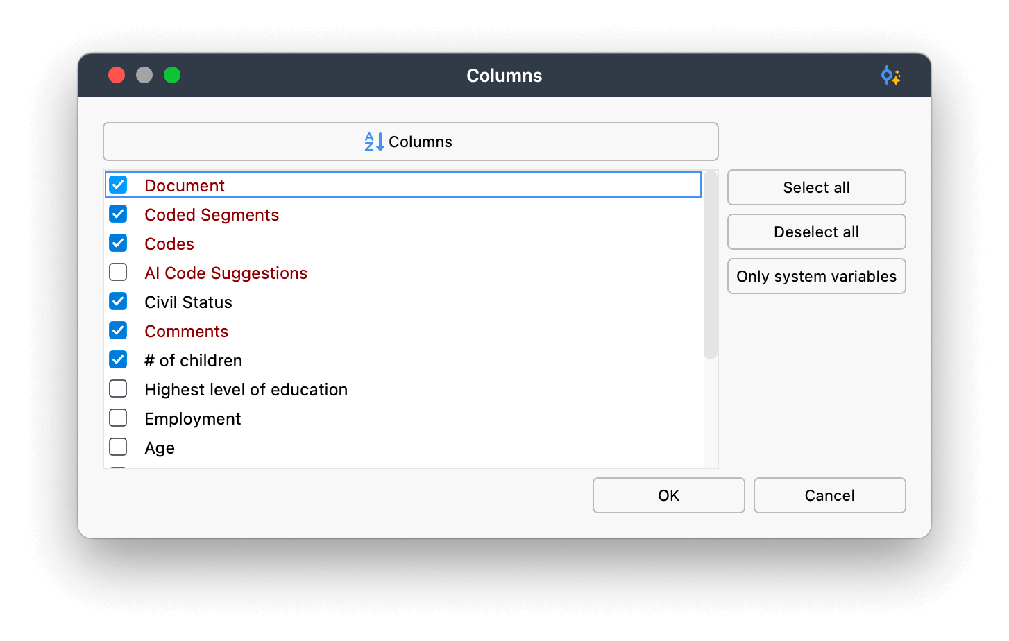 Select document variables to be visualized alongside the coded segments. Select document variables to be visualized alongside the coded segments.