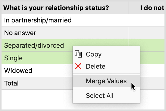 Merge multiple values using the context menu Merge multiple values using the context menu