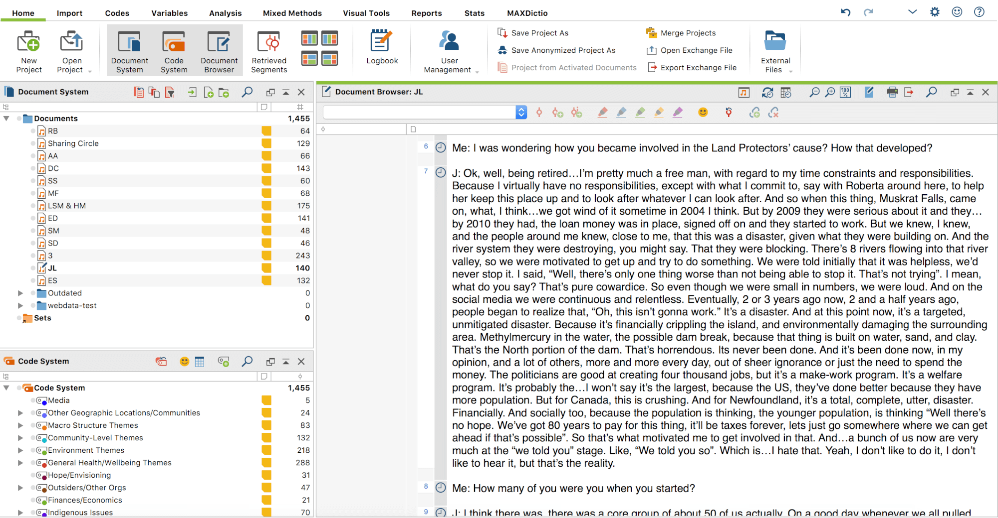 Section of transcribed text with coded segments in left hand column