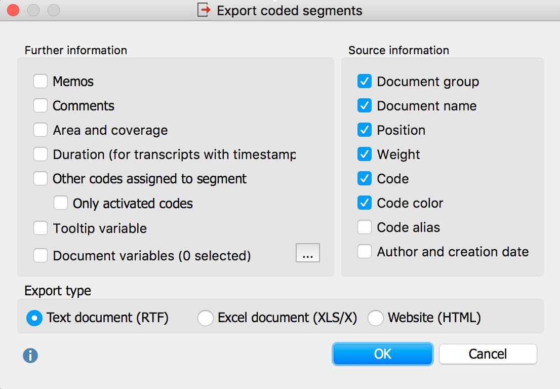 Options for the export of retrieved segments Options for the export of retrieved segments