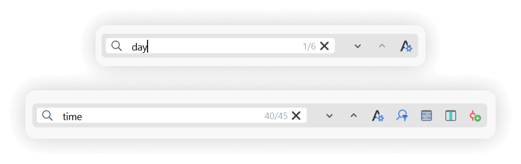 Context-specific search bar options in MAXQDA 24.11 Screenshot, der zwei MAXQDA-Suchleisten nebeneinander vergleicht und je nach Suchkontext unterschiedliche verfügbare Symbole und Optionen anzeigt.