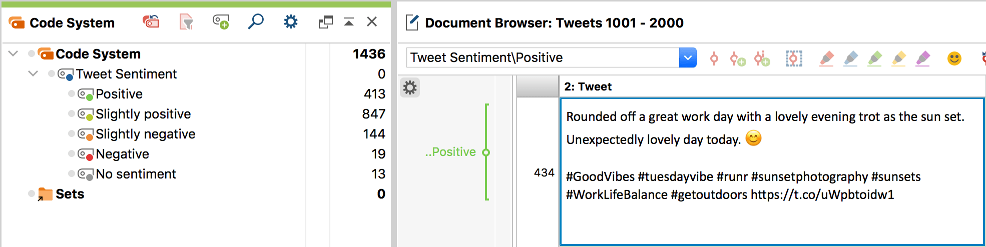 Sentiment codes in the 'Code System' (left); Coded tweet in the 'Document Browser' (right) Sentiment codes in the 'Code System' (left); Coded tweet in the 'Document Browser' (right)
