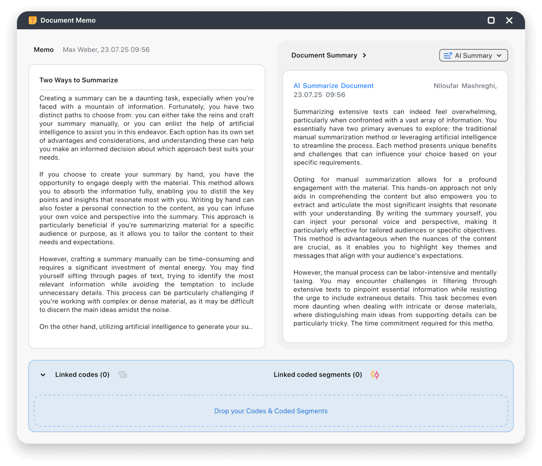 A MAXQDA memo window displaying redesigned memo layout with a collapsible document summary panel with example data.