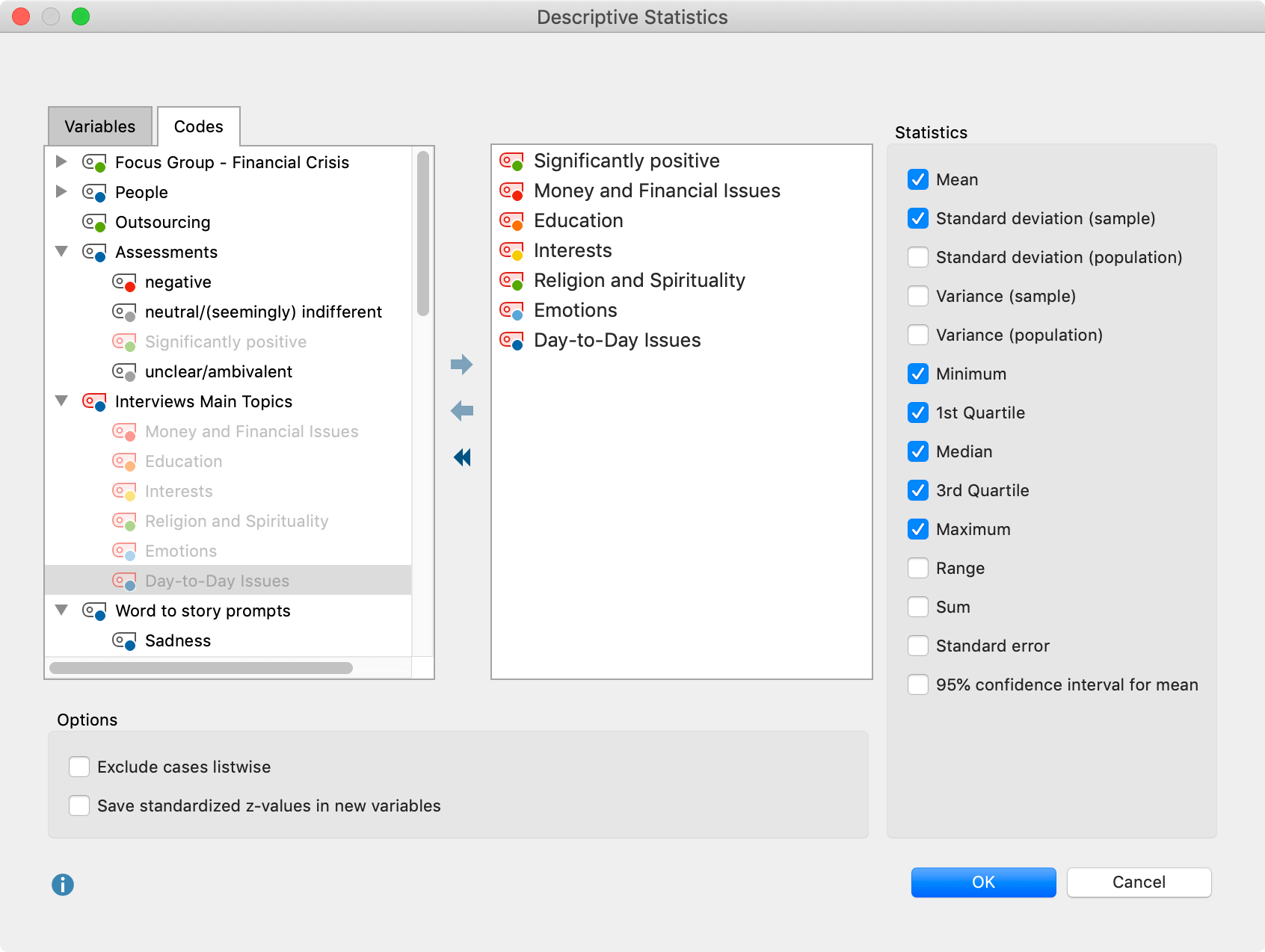 Select codes, variables and options for Descriptive Statistics