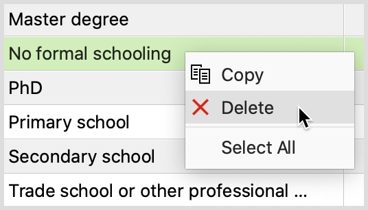 Delete a row from the results table using the context menu Delete a row from the results table using the context menu
