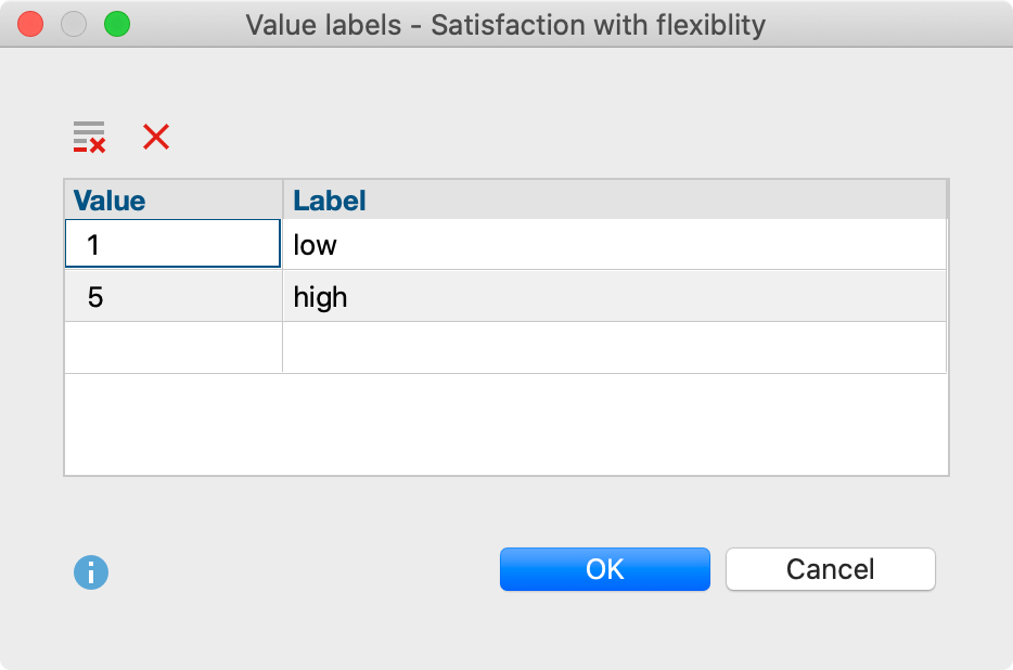 Dialog box for creation of a Value Label Dialog box for creation of a Value Label