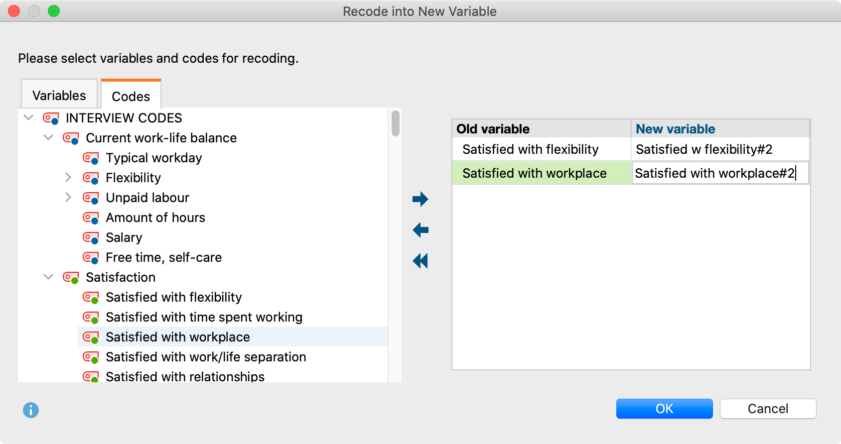Select codes that you want to recode as new variables