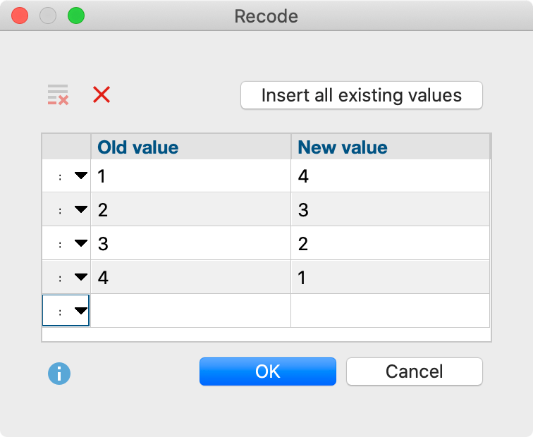Dialog box for input of values to be recoded