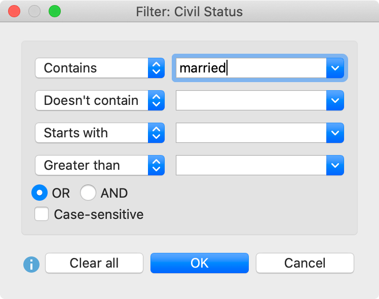 Enter filter criteria