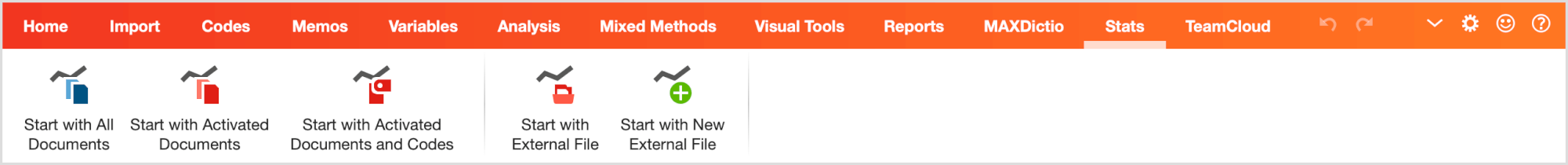 The tab “Stats” in MAXQDA's main ribbon menu The tab “Stats” in MAXQDA's main ribbon menu