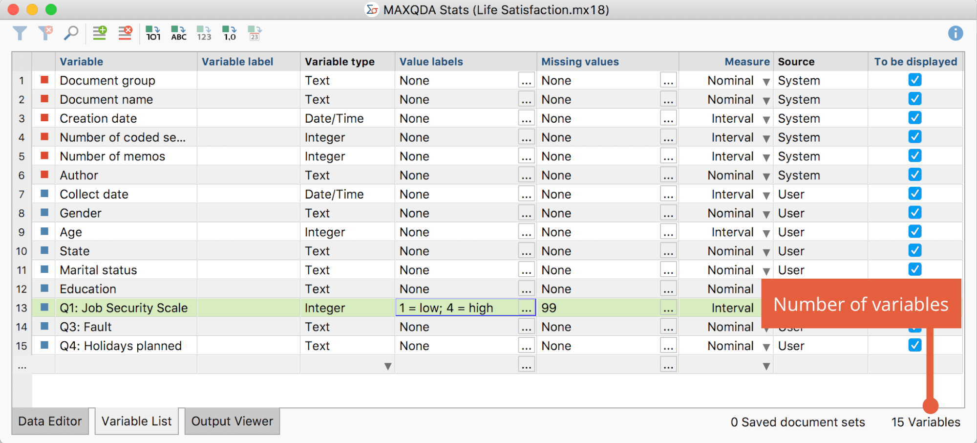 The Variable List in MAXQDA Stats The Variable List in MAXQDA Stats