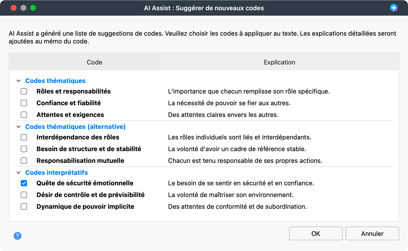 Suggestions de code générées automatiquement par MAXQDA Suggestions de code générées automatiquement par MAXQDA