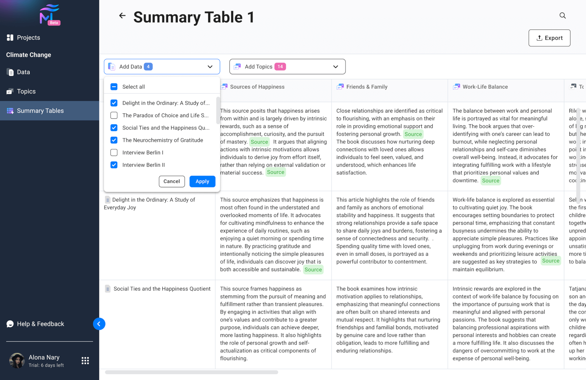 Erstellen einer Summary-Tabelle für ausgewählte Dokumente und Topics Erstellen einer Summary-Tabelle für ausgewählte Dokumente und Topics