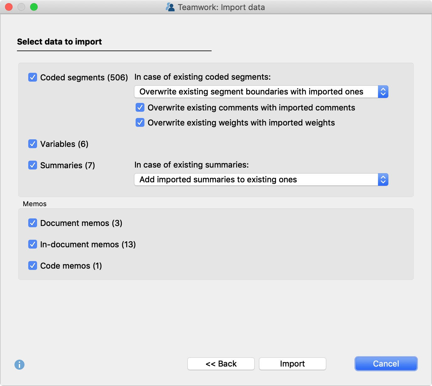 Options for the teamwork import Options for the teamwork import