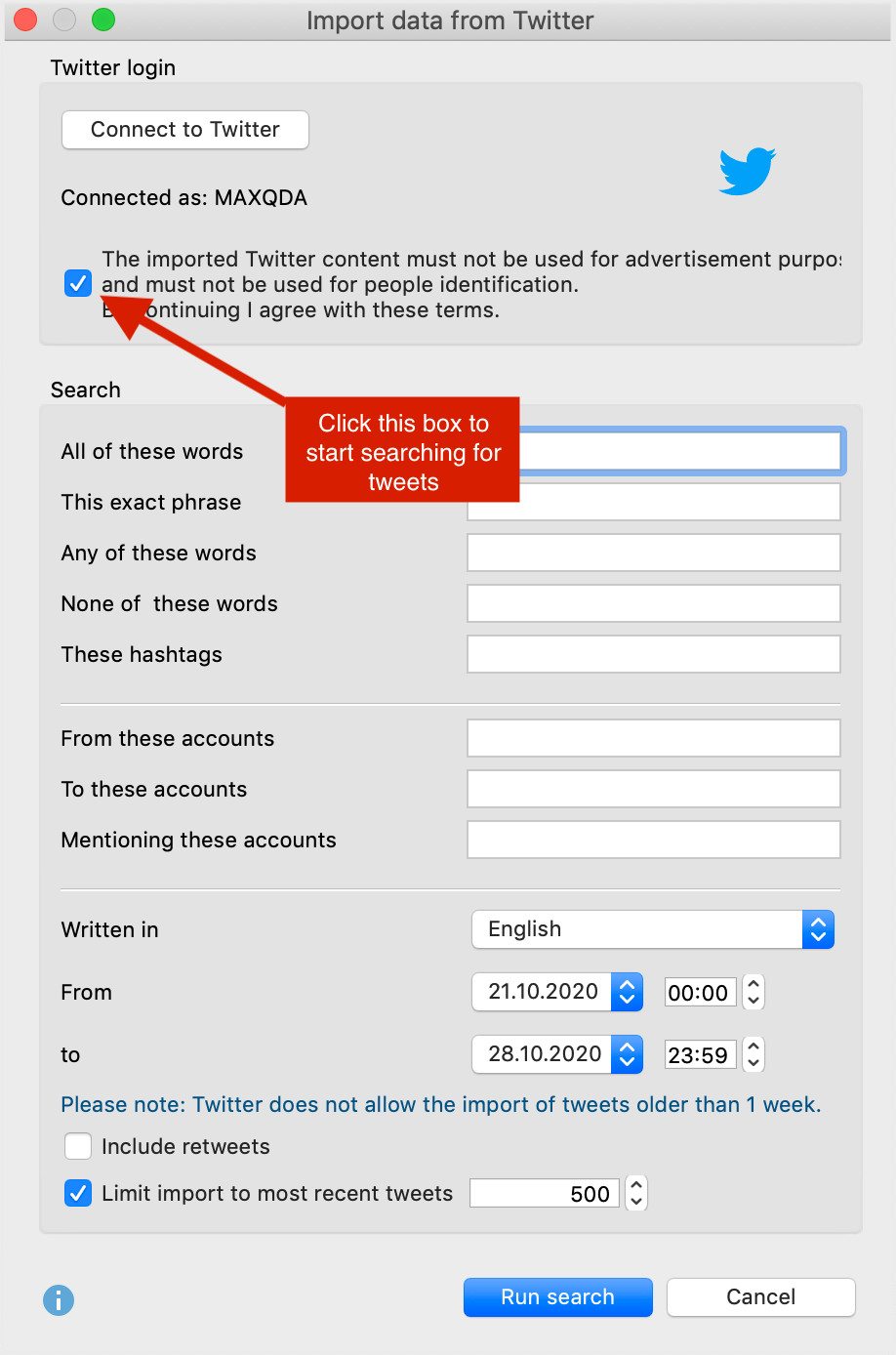 Search window for importing Twitter data Search window for importing Twitter data