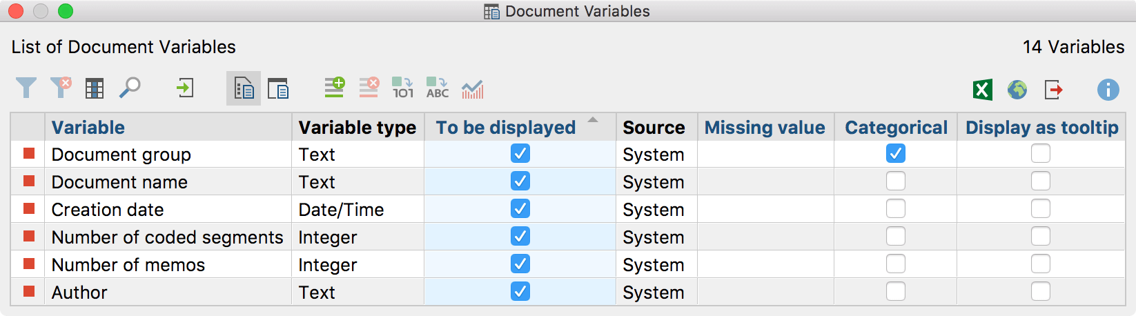 System Variables in the “List of document variables” System Variables in the “List of document variables”