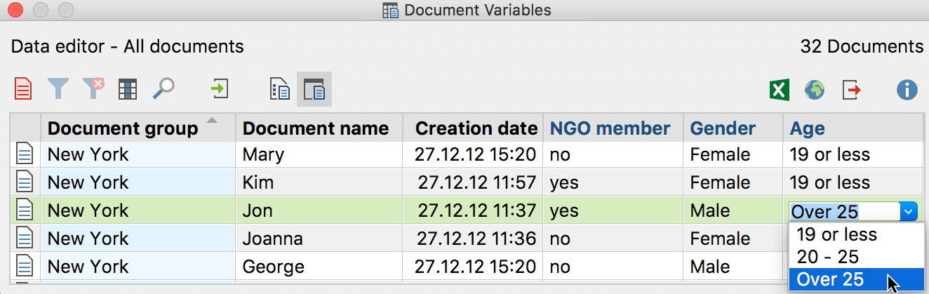 Options for the variable value in the Quick List Options for the variable value in the quick list