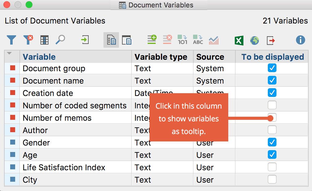 Select tooltip display for document variable Select tooltip display for document variable