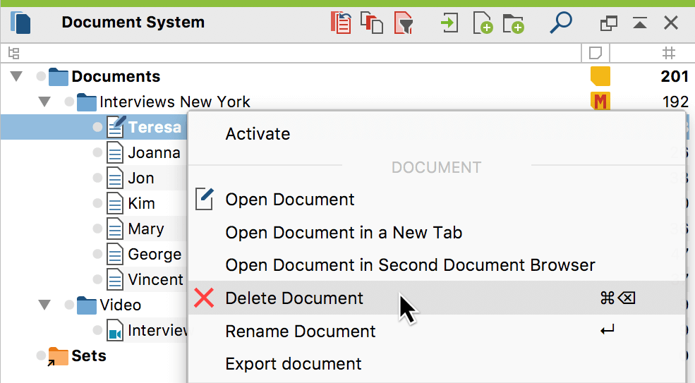 Context menu for a document Context menu for a document