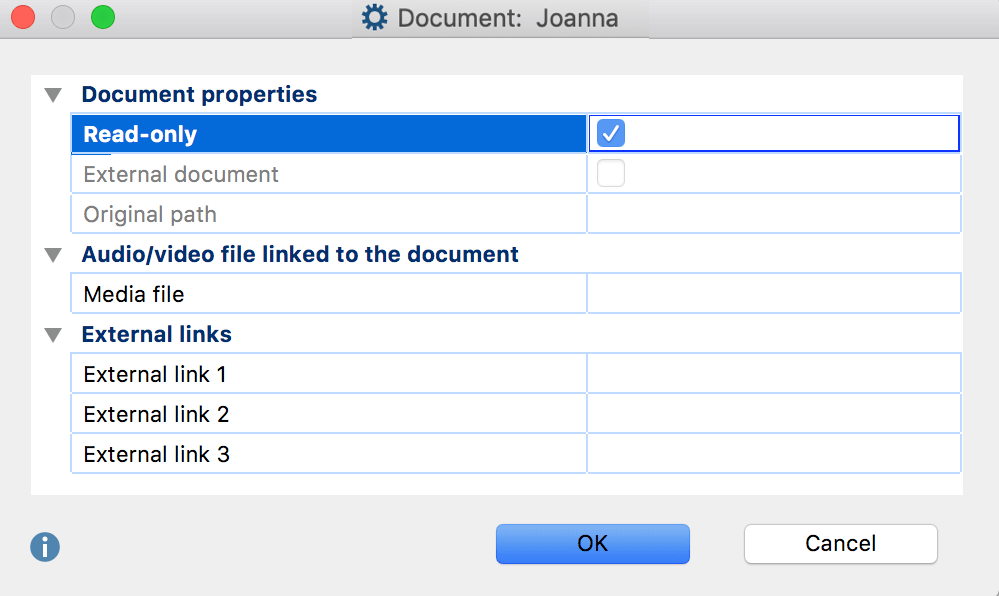 Document properties window Document properties window