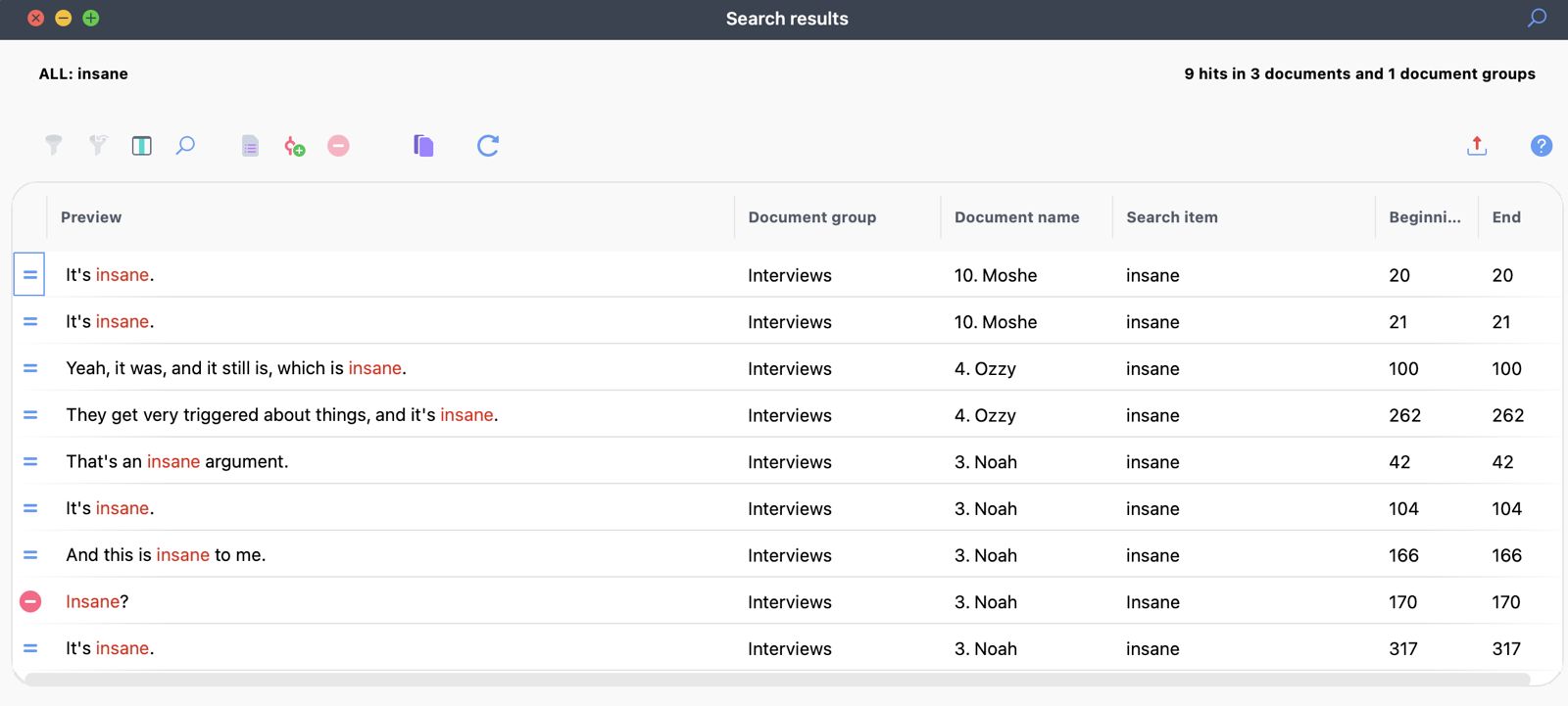 Screenshot of Word Explorer showing frequent use of the word 'insane' across interviews