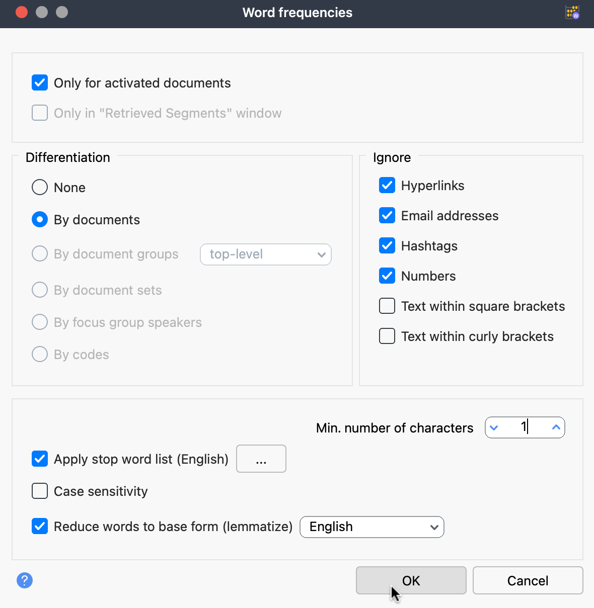Erste Schritte: Anpassen der Worthäufigkeitsanalyse in MAXQDA Screenshot des Dialogs zur Word Frequencies Analyse in MAXQDA, inklusive Optionen zum Filtern von Dokumenten, Anwenden von Stopp-Wort-Listen und Aktivieren der Lemmatisierung.