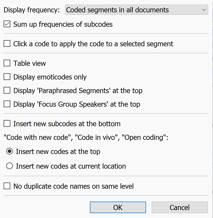 Settings for the Code System window Settings for the Code System window