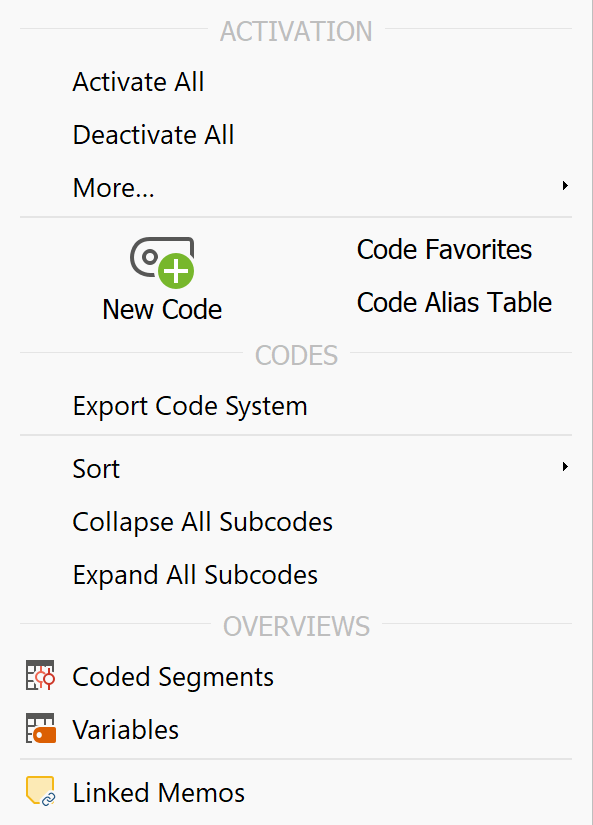 Context menu for the upper level of the Code System Context menu for the upper level of the Code System