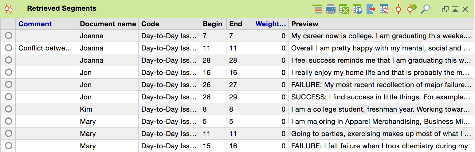 Table view of the coded segments window