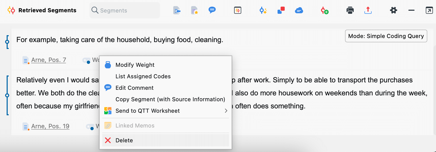 Removing a code assignment in the “Retrieved Segments“ window Removing a code assignment in the “Retrieved Segments“ window