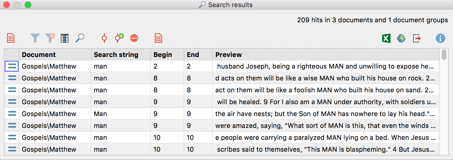 The “Search results” window for the word “man” The “Search results” window for the word “man”