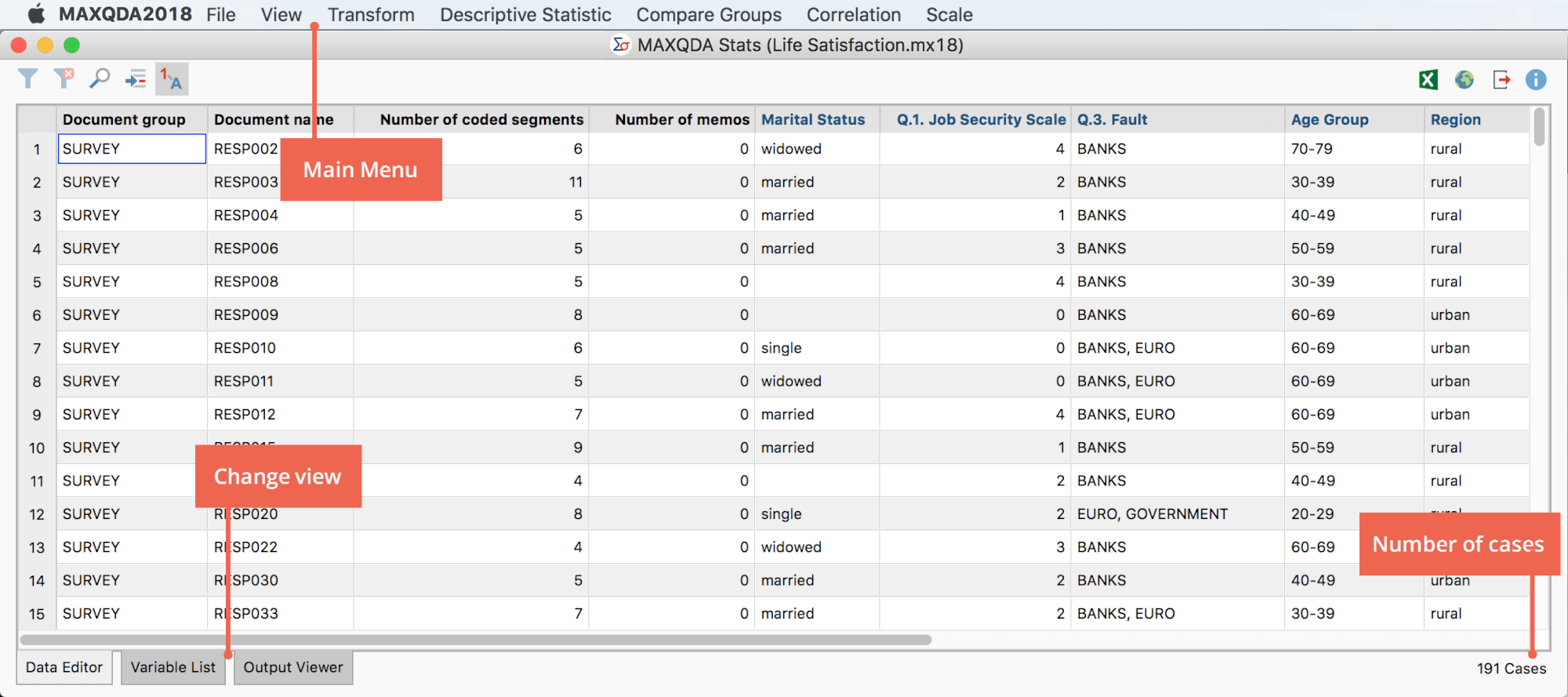 The MAXQDA Stats interface The MAXQDA Stats interface