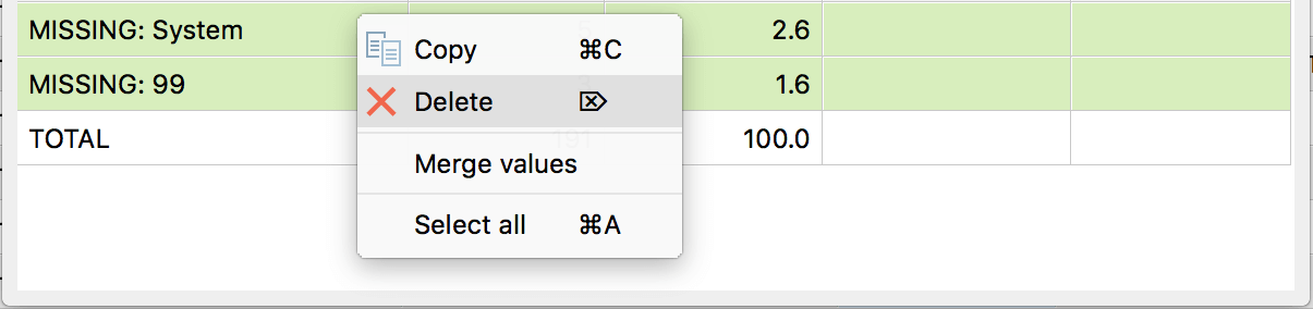 Delete rows from the results table using the context menu Delete rows from the results table using the context menu