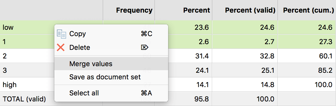 Merge multiple values using the context menu Merge multiple values using the context menu
