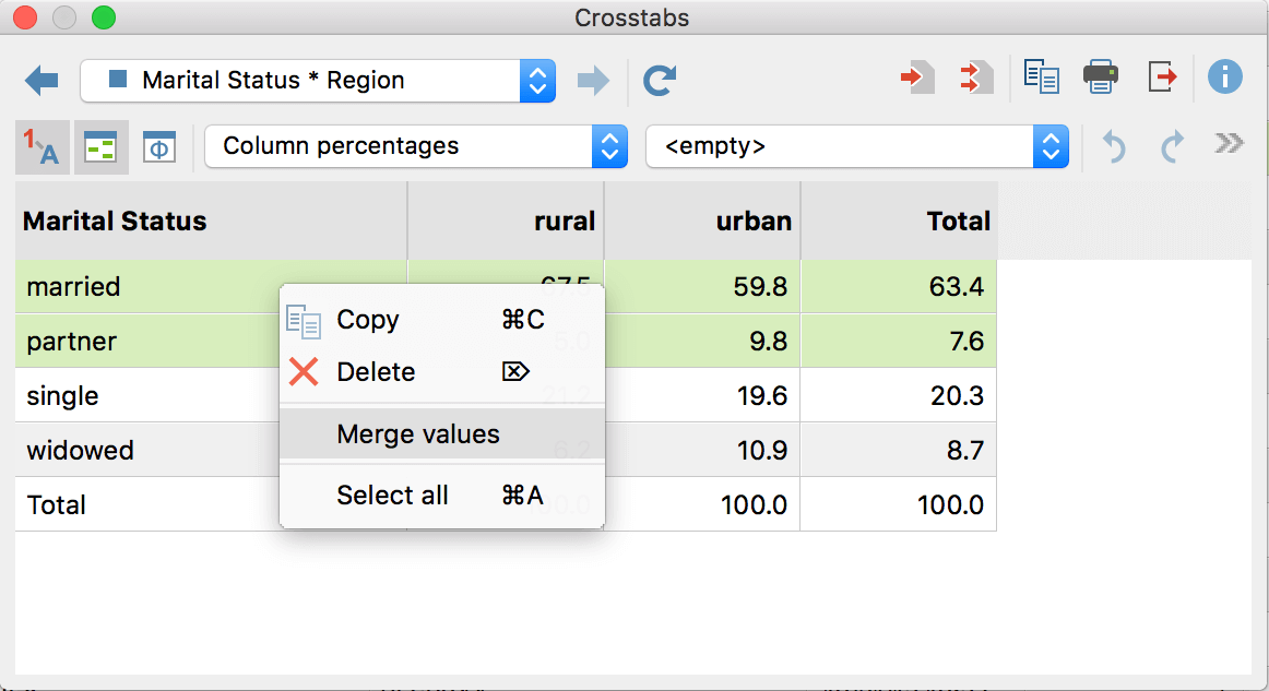 Merge multiple values using the context menu Merge multiple values using the context menu