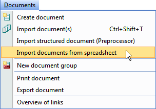How to import documents from spreadsheet to MAXQDA Screenshot of the MAXQDA documents menu