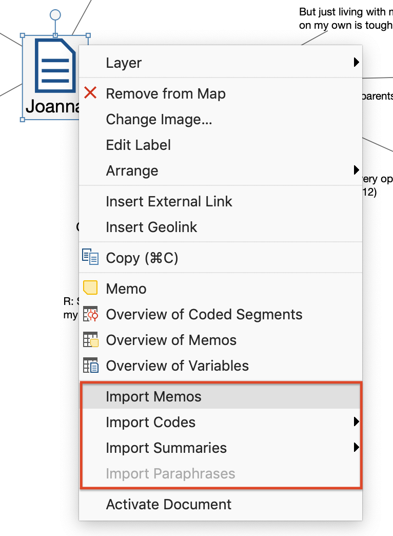 Context menu for the document icon in a map