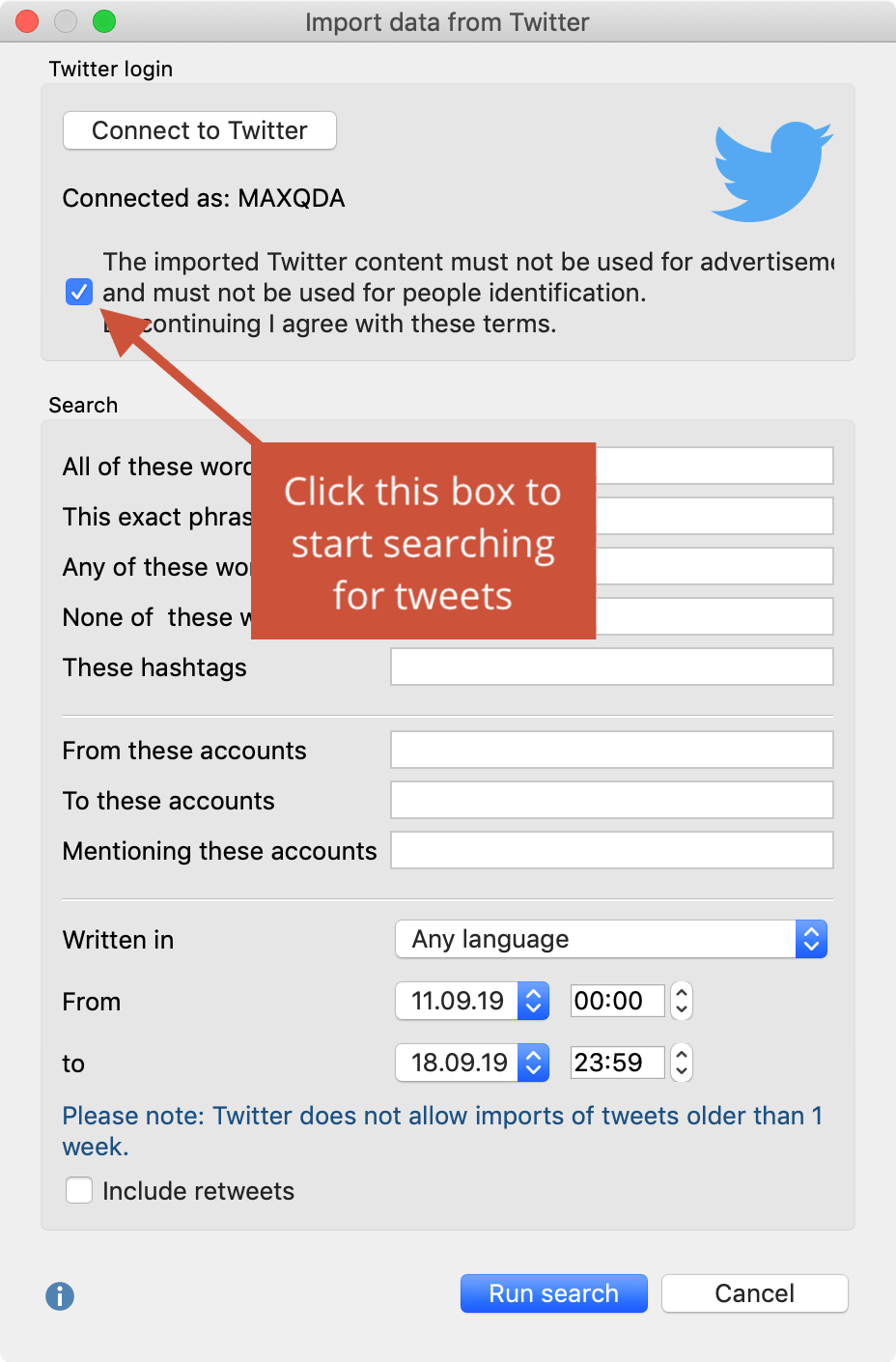 Search window for importing Twitter data Search window for importing Twitter data